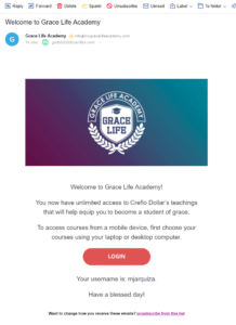 Grace Life Academy faq welcome email